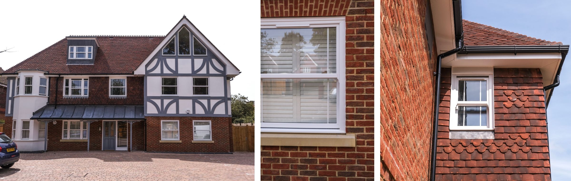 tudor style property with sliding sash windows and black guttering