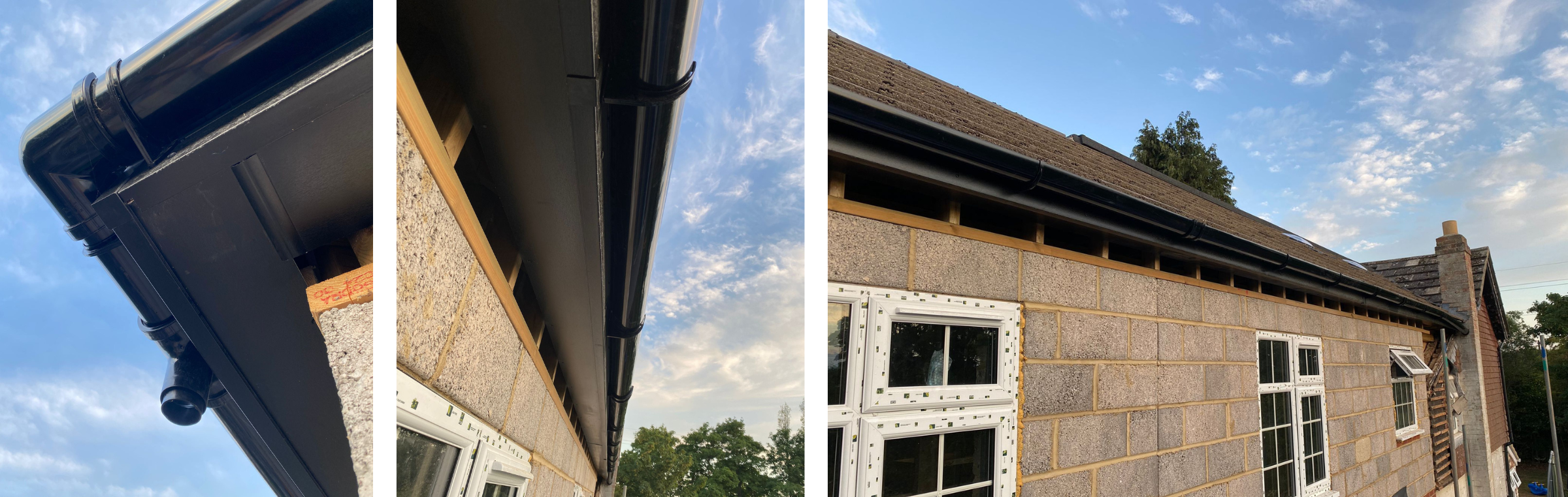 Black guttering installed on a building project