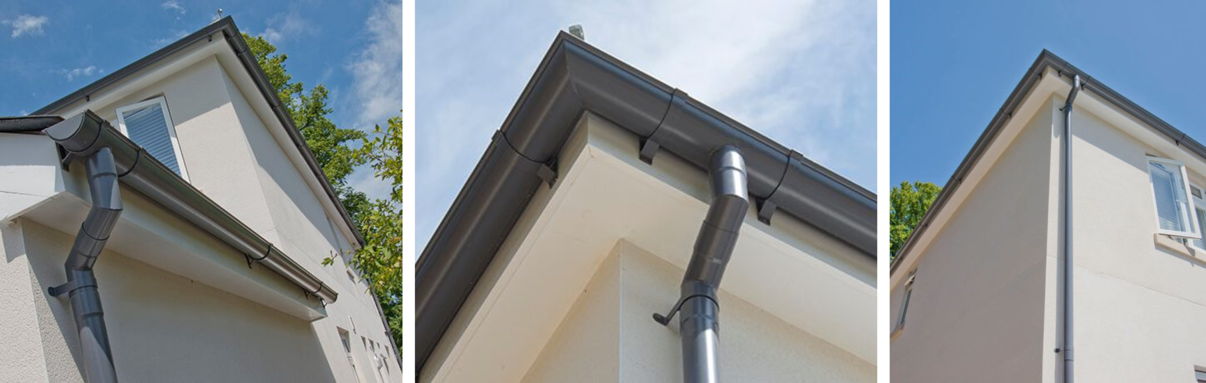 Aluminium Guttering | grey guttering installation on white house.