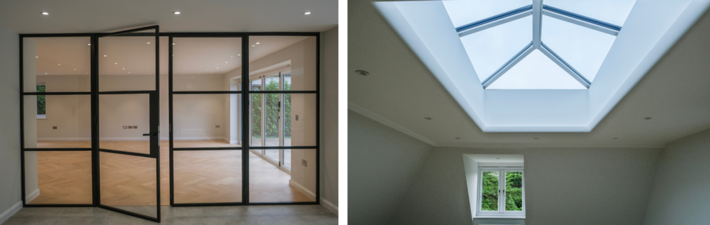 Set of aluminium trim doors and roof lantern