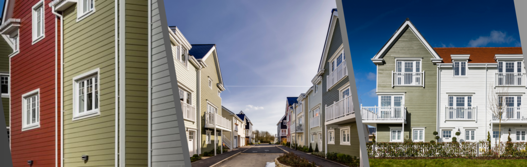 3 houses with external cladding.