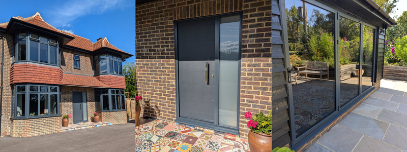 3 photos of installation including front profile of the house, front door, and bi-fold doors.