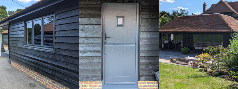 3 photos of the installation including aluminium window frame, stable door, and bi-folds.