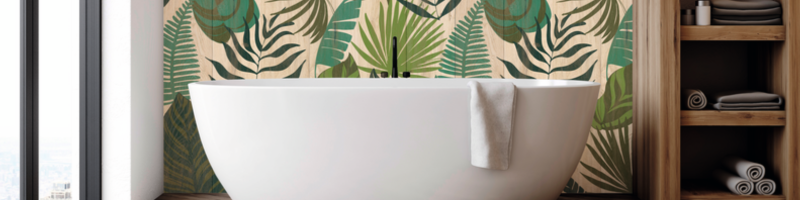 Bathroom cladding with tropical leaf design.