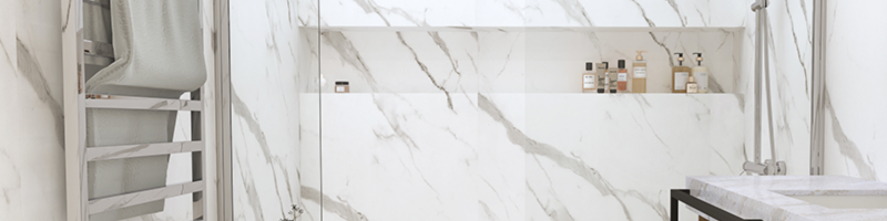 Marble bathroom cladding in shower unit.