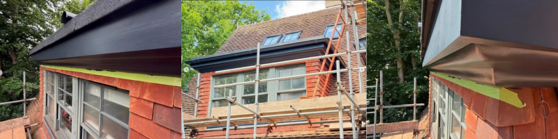 Three photos of new roofline and guttering.