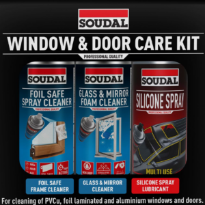 Soudal Window Care Kit including Aerosols of: Foil Safe Frame Cleaner, Glass Cleaner, Silicone Spray